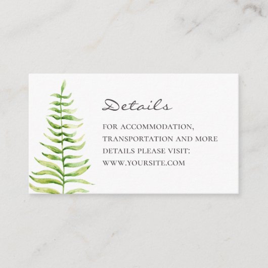 Carte D'accompagnement Détails du mariage Fern. Aquarelle botanique (Devant)