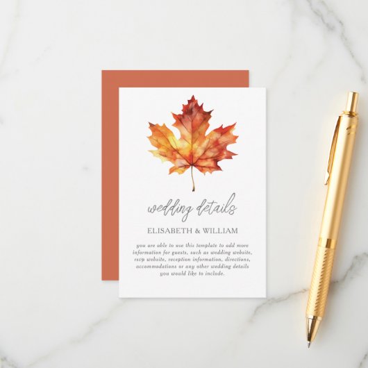 Carte D'accompagnement Détails du Mariage Feuille d'automne (Devant/Arrière en situation)