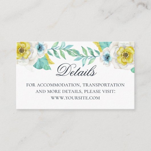 Carte D'accompagnement Détails du mariage floral bleu et jaune d'aquarell (Devant)