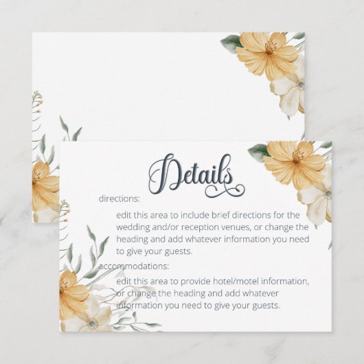 Carte D'accompagnement Détails du Mariage Floral bleu jaune et blanc (Devant / Derrière)