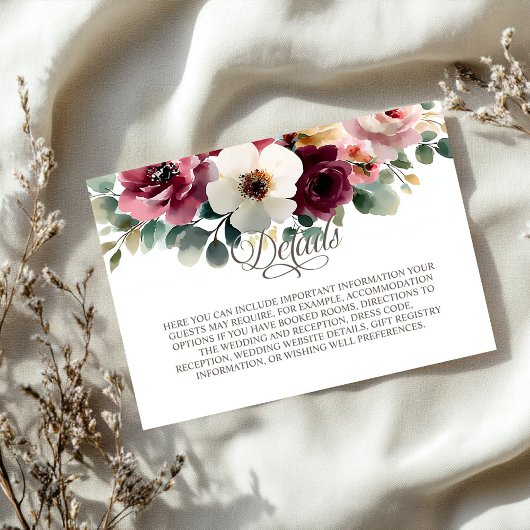 Carte D'accompagnement Détails du Mariage Floral Bourgogne