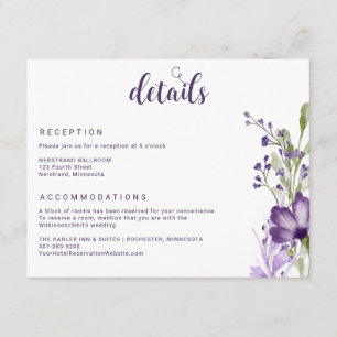 Carte D'accompagnement Détails du Mariage Floral de lavande violette