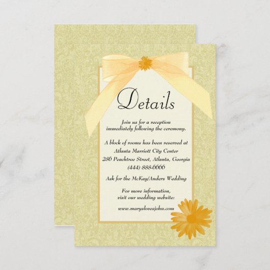 Carte D'accompagnement Détails du Mariage Floral Et Bow Jaune (Devant / Derrière)