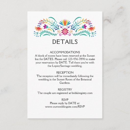 Carte D'accompagnement Détails du Mariage floral Fiesta (Devant)