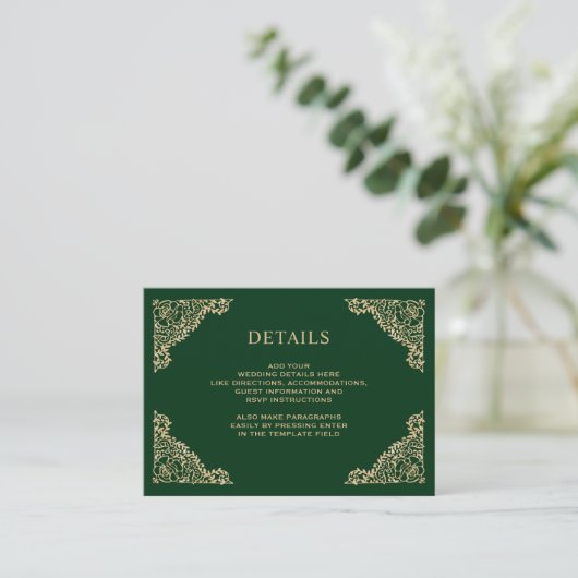 Carte D'accompagnement Détails du Mariage Floral Green and Gold (Debout devant)