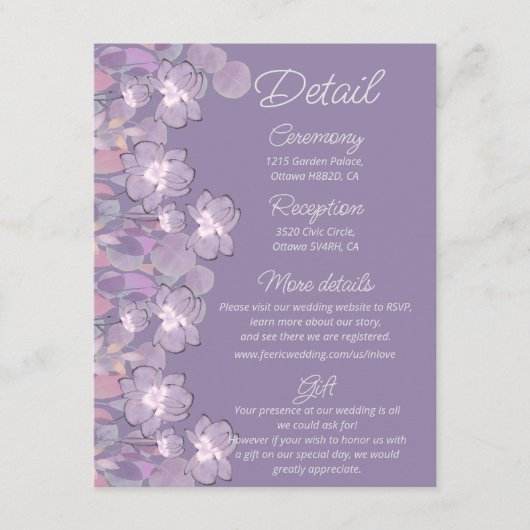 Carte D'accompagnement Détails du mariage floral mauve pourpre (Devant)