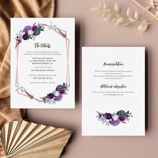 Carte D'accompagnement Détails du Mariage floral pourpre