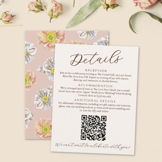 Carte D'accompagnement Détails du Mariage floral rose blanc et code QR