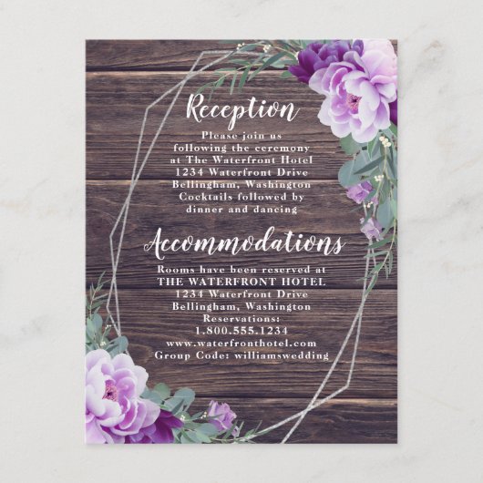 Carte D'accompagnement Détails du Mariage Floral Rustique Argent & Violet (Devant)