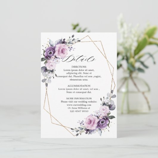 Carte D'accompagnement Détails du Mariage géométrique en fleurs violettes (Debout devant)