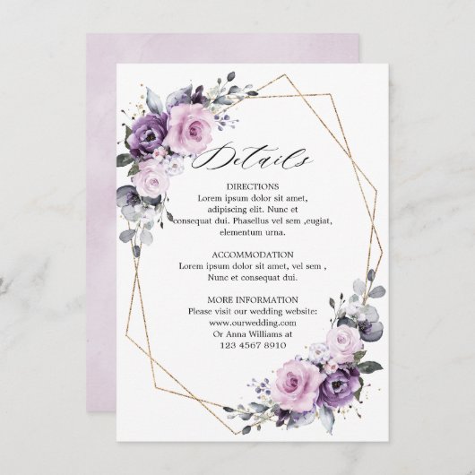 Carte D'accompagnement Détails du Mariage géométrique en fleurs violettes (Devant / Derrière)