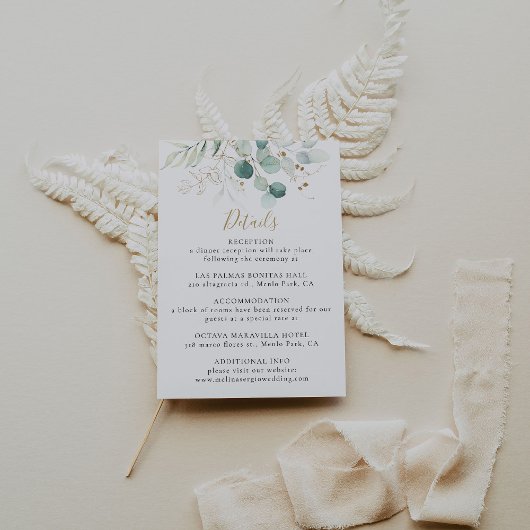 Carte D'accompagnement Détails du Mariage Gold Green Eucalyptus