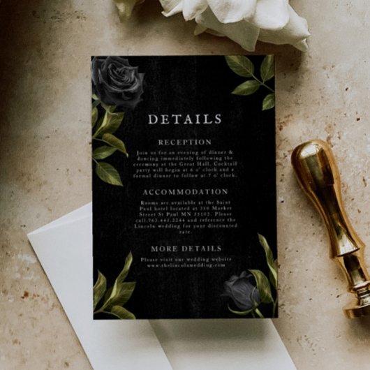 Carte D'accompagnement Détails du Mariage gothique noir floral