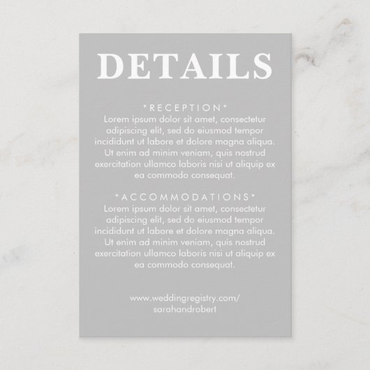 Carte D'accompagnement Détails du Mariage gris et blanc (Devant)