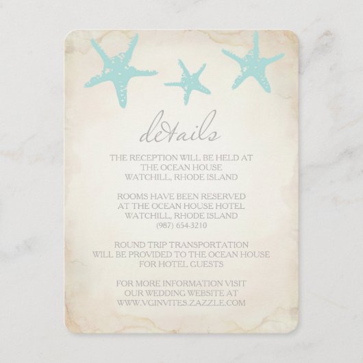 Carte D'accompagnement Détails du mariage Insertion Card - Plage Starfish (Devant)