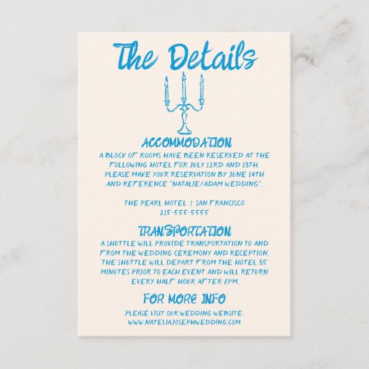 Carte D'accompagnement Détails du Mariage ironique Bleu à main rétro (Devant)