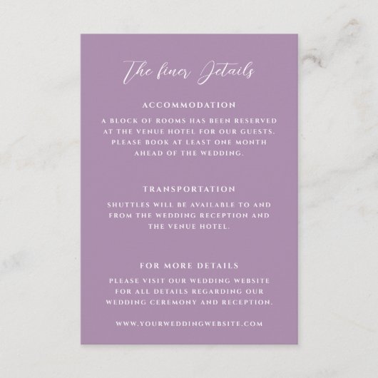 Carte D'accompagnement Détails du Mariage Lilac élégant (Devant)