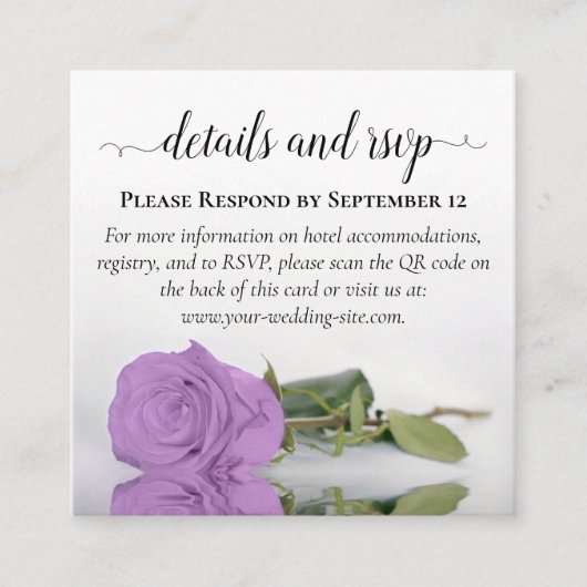 Carte D'accompagnement Détails du mariage Lilac Purple Rose & Code QR de (Devant)