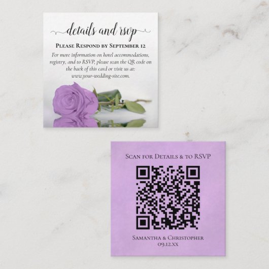 Carte D'accompagnement Détails du mariage Lilac Purple Rose & Code QR de (Devant / Derrière)
