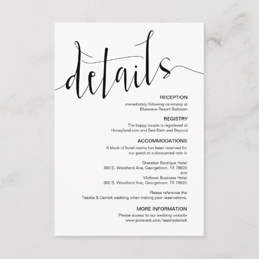 Carte D'accompagnement Détails du Mariage moderne Black Editable (Devant)