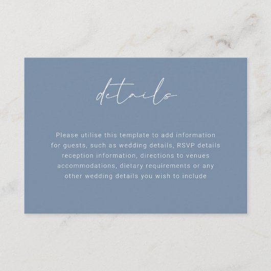 Carte D'accompagnement Détails du Mariage moderne Dusty Blue Script (Devant)