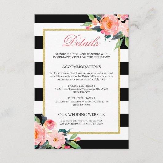 Carte D'accompagnement Détails du mariage Moderne Floral Noir Blancs (Devant)