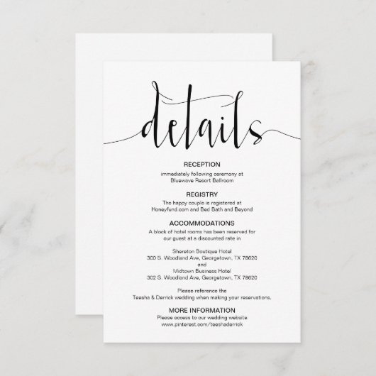 Carte D'accompagnement Détails du Mariage modifiable, Script moderne noir (Devant / Derrière)