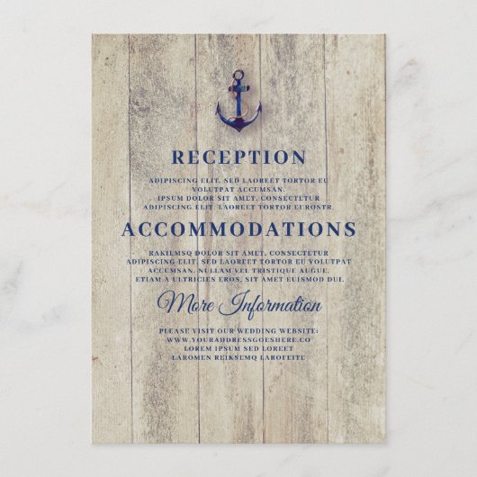 Carte D'accompagnement Détails du Mariage Nautique Marine Blue Rustic (Devant)