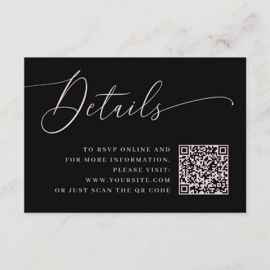 Carte D'accompagnement Détails du Mariage noir avec script rose et code Q (Devant)