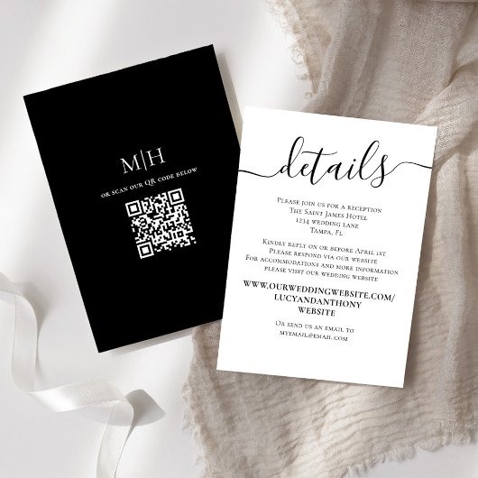Carte D'accompagnement Détails du Mariage noir et blanc Code QR
