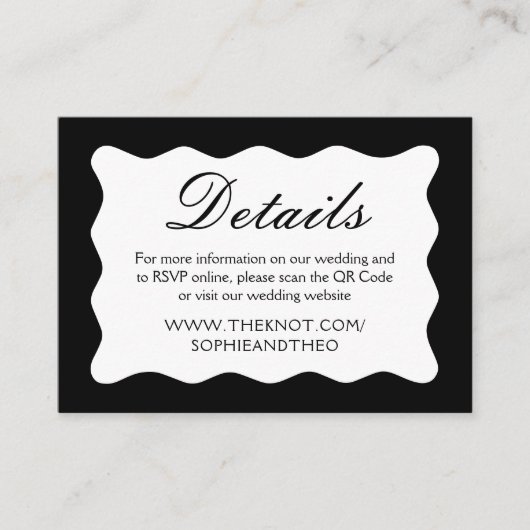 Carte D'accompagnement Détails du Mariage noir et blanc ondulé Code Qr (Devant)