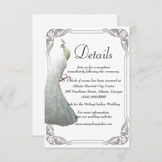 Carte D'accompagnement Détails du Mariage Peacock blanc (Devant / Derrière)