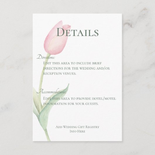 Carte D'accompagnement Détails du Mariage Pink Tulip Solo (Devant)