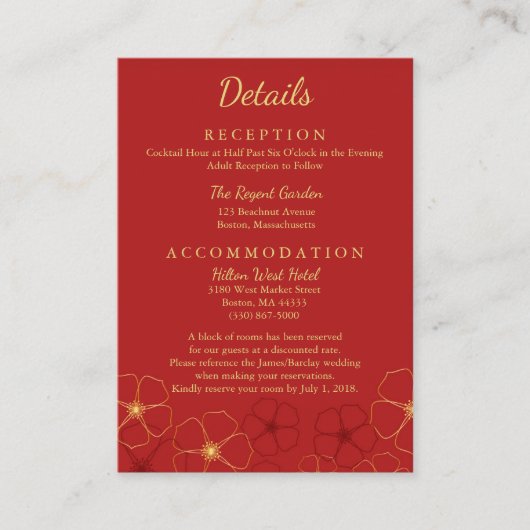 Carte D'accompagnement Détails du Mariage Red Gold Cherry Blossoms (Devant)