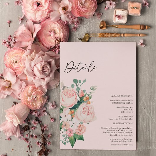 Carte D'accompagnement Détails du Mariage rose flou flush