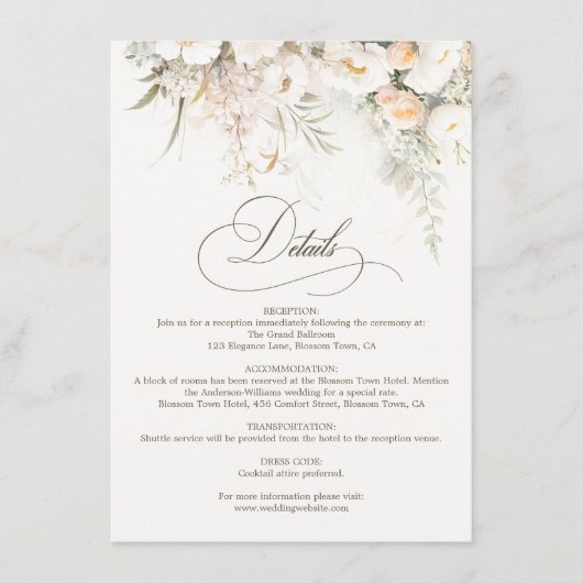 Carte D'accompagnement Détails du Mariage Rustic White Blooms (Devant)
