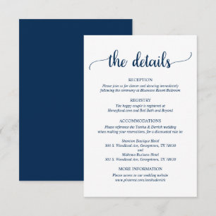 Carte D'accompagnement Détails du mariage, Script bleu Rustic Navy