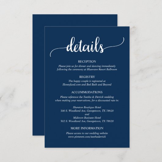 Carte D'accompagnement Détails du mariage, Script bleu Rustic Navy (Devant / Derrière)