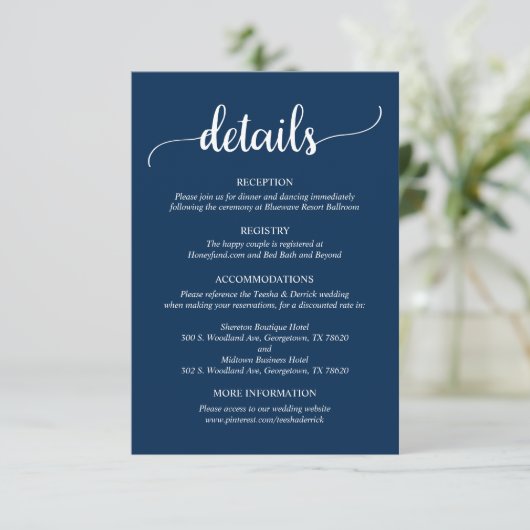 Carte D'accompagnement Détails du mariage, Script bleu Rustic Navy (Debout devant)