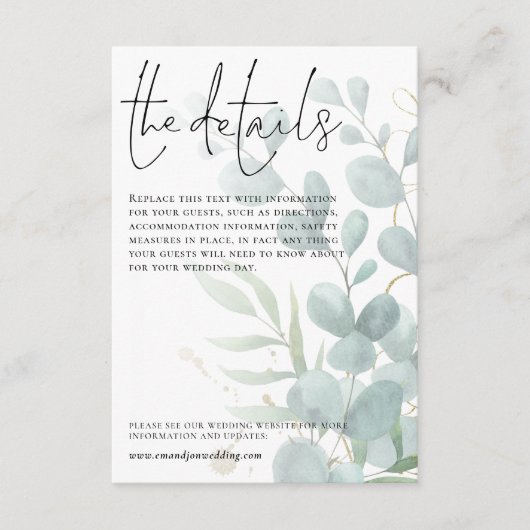 Carte D'accompagnement Détails du mariage Script Blue Eucalyptus (Devant)