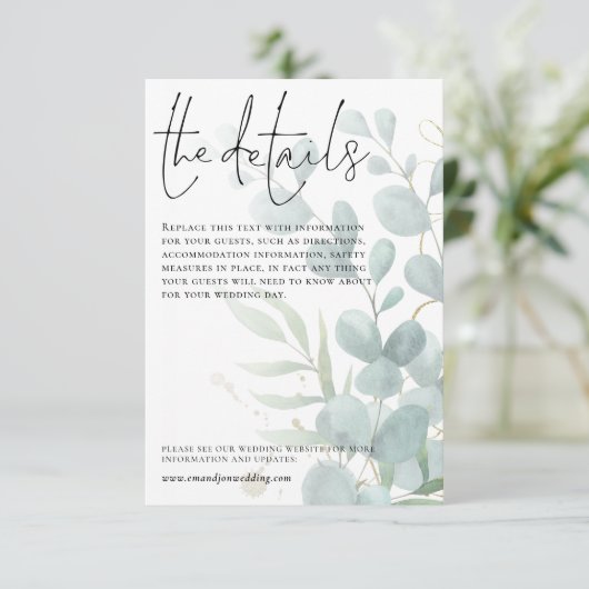 Carte D'accompagnement Détails du mariage Script Blue Eucalyptus (Debout devant)