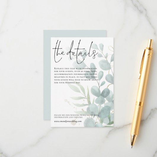 Carte D'accompagnement Détails du mariage Script Blue Eucalyptus (Devant/Arrière en situation)