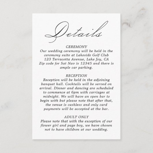 Carte D'accompagnement Détails du mariage Script de calligraphie blanc (Devant)