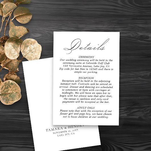 Carte D'accompagnement Détails du mariage Script de calligraphie blanc