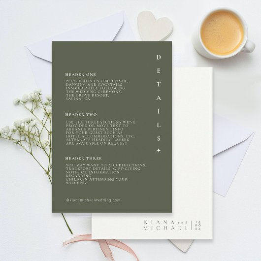 Carte D'accompagnement Détails du Mariage simple et chic Moss Green ID104