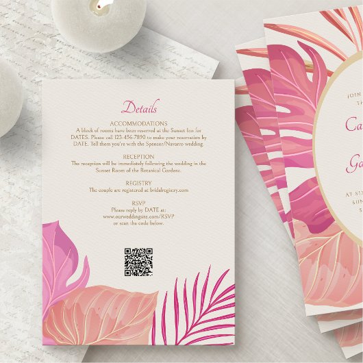 Carte D'accompagnement Détails du Mariage Tropical Beach Pink