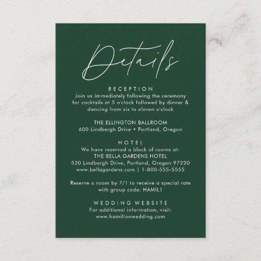Carte D'accompagnement Détails du Mariage vert à script moderne (Devant)