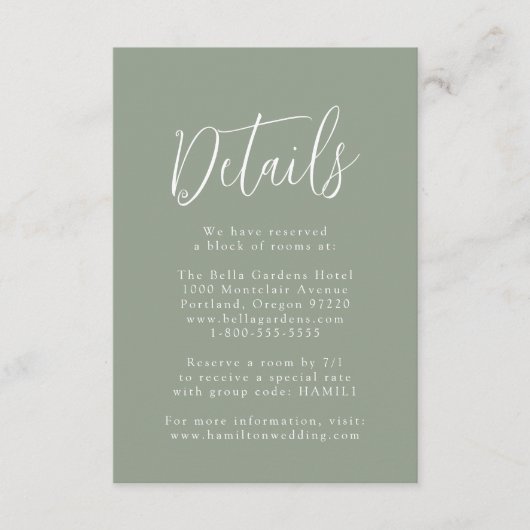 Carte D'accompagnement Détails du Mariage vert Sage de script simple (Devant)