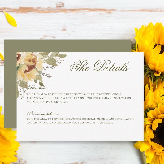 Carte D'accompagnement Détails du Mariage vert Soft Sunflowers