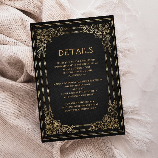 Carte D'accompagnement Détails du Mariage vintage Black Gold